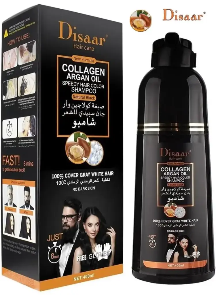 شامبو صبغة شعر عضوي بالكولاجين وزيت الأرجان لتغطية الشعر الرمادي والأبيض بلون أسود طبيعي ( 10في 1  فوائد ) 400  مل من ديسار 