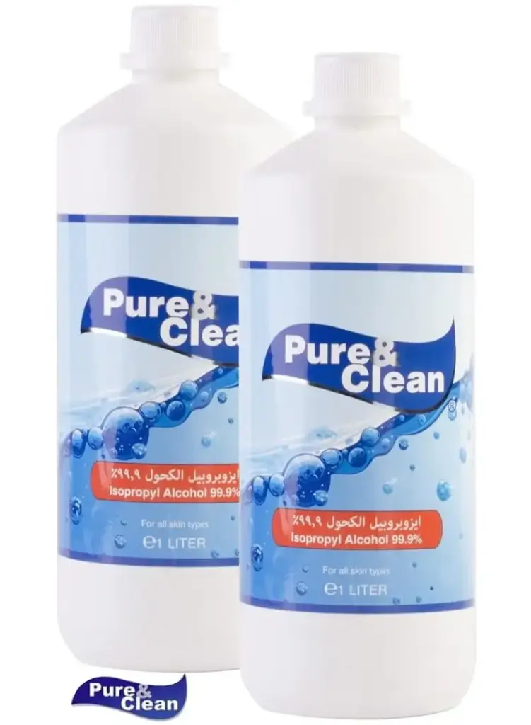كحول ايزوبروبيل الطبي النقي والصافي بنسبة 99.9% سعة 1  لتر بيور آند كلين متعدد الاستخدام و مثالي وصديق للبيئة ( 2  عبوة )
