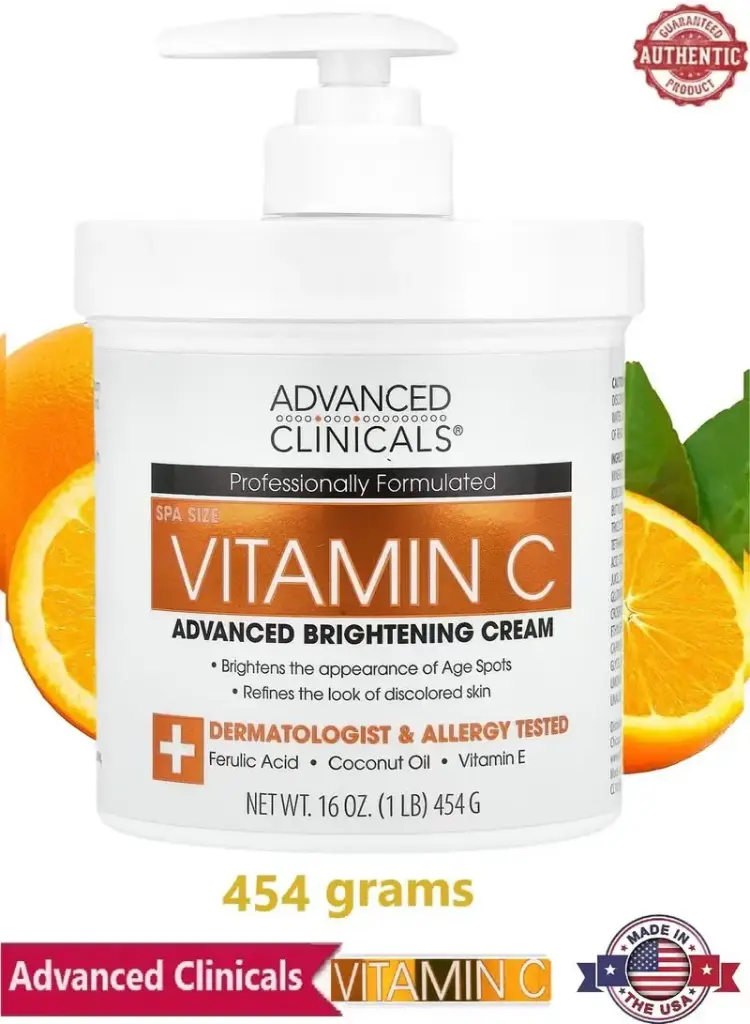 لوشن مرطب للعناية بالبشرة بفيتامين C الأمريكي الأصلي كريم تفتيح متقدم للوجه والجسم من أدفانسد كلينيكال تم تركيبه باحترافية مع (حمض الفيروليك - زيت جوز الهند - فيتامين E) 16 أونصة (454 جرام) 