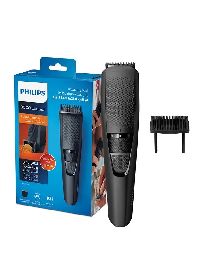 ماكينة تقصير اللحية BT3208/13  من Philips | تشذيب دقيق للحية بسهولة | 10  إعدادات للطول، شفرات لا تحتاج إلى الصيانة، لا حاجة للتزييت | 45  دقيقة من الاستخدام اللاسلكي، مقبض مريح أسود 