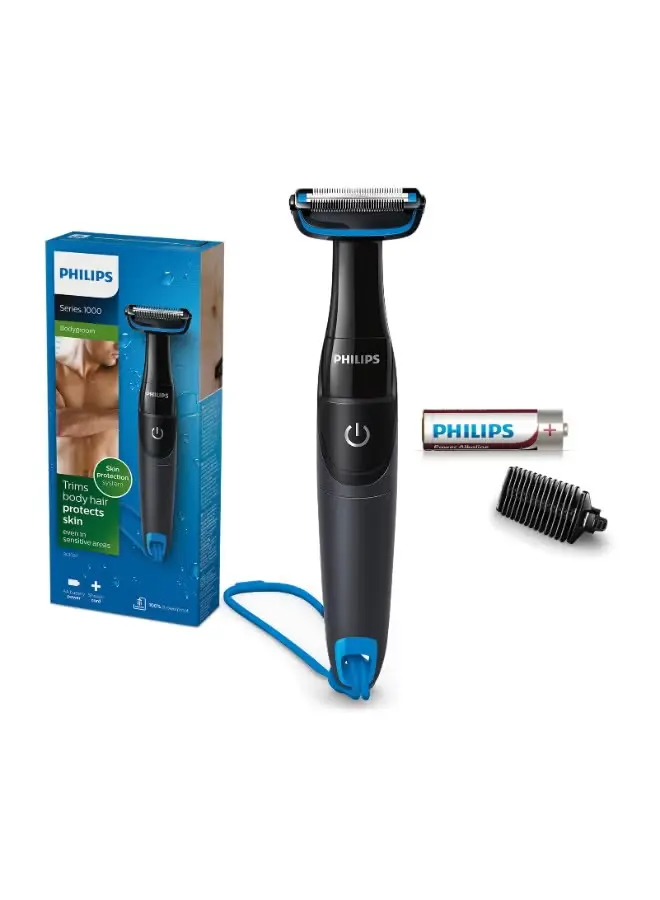 ماكينة تشذيب شعر الجسم BG1024/16  من Philips | أداة تشذيب الجسم والفخذين المقاومة للماء | مشط ثنائي الاتجاه، نظام حماية للبشرة | مع بطارية AA الأسود / الأزرق 