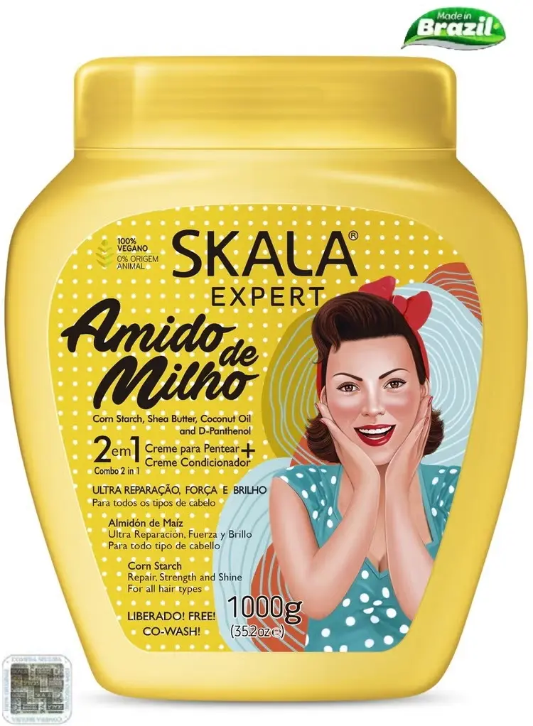 سكالا أميدو دي ميلهو 2  في 1  كريم معالجة الشعر النباتي مع نشا الذرة يرطب ويصلح الشعر التالف 1000  جرام ( برازيلي الصنع ) 